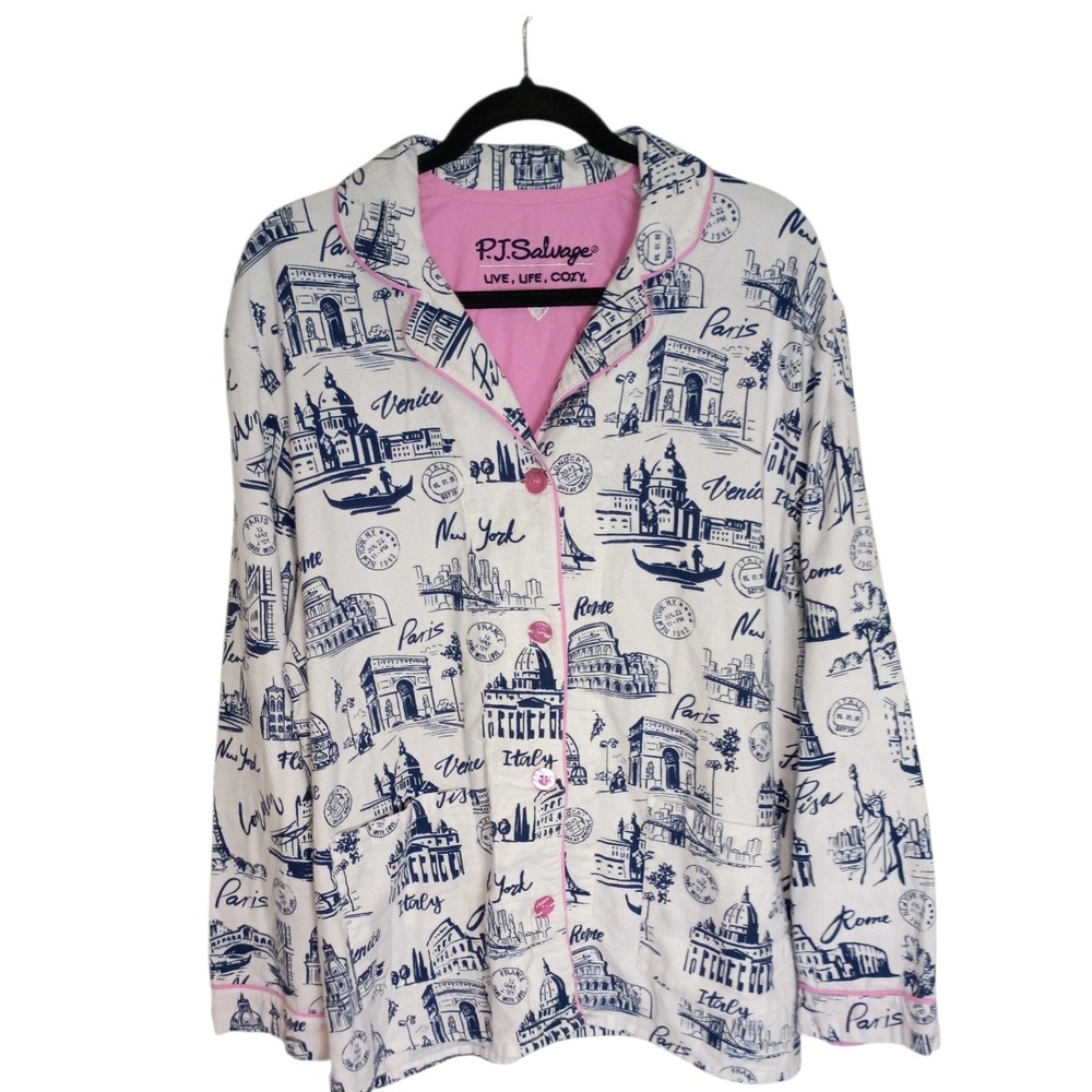 PJ Salvage Womens 1X Pajama Top Travel Landmark Print Pink Piping Button Up
